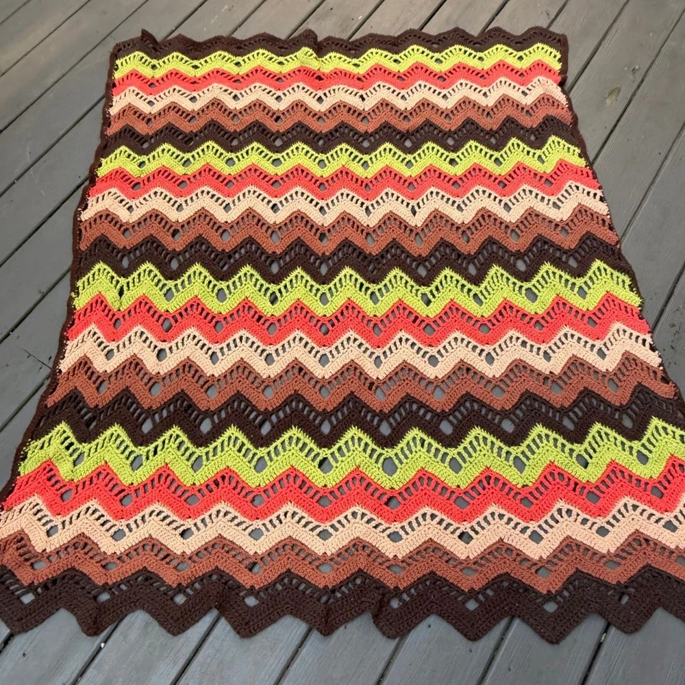 2.8.7 Handmade Crochet Chevron Ripple Afghan 69x63 Brown Green Orange Retro Boho